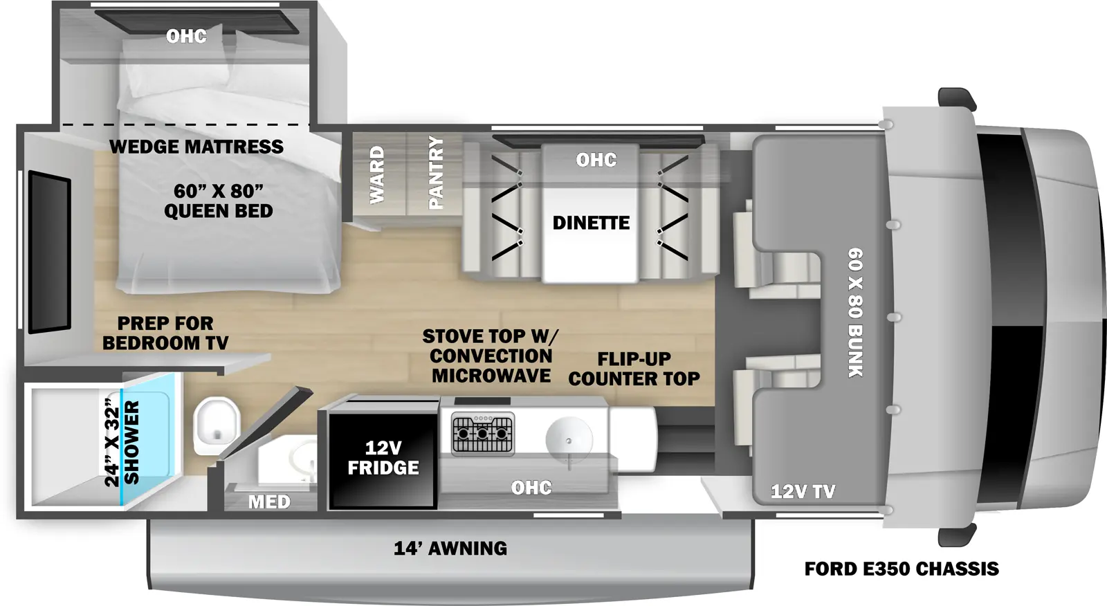 The 2251SLE has 1 off-door side slide out. Exterior features include a 14 ft. awning and is built on the Ford E-350 chassis.  Interior layout from front to back includes a 60 x 80 cab over bunk with 12V TV; off-door side dinette; door side kitchen with 12V refrigerator, stovetop with convection microwave, sink, overhead cabinet and countertop extension; pantry and wardrobe across from the refrigerator; rear corner door side bathroom with 24 x32 shower, toilet, vanity and medicine cabinet; rear off-door side corner bedroom with 60 x 80 wedge mattress in an off-door side slide out with overhead cabinet and prep for bedroom TV.